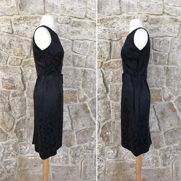 Vintage 50s Black Floral Brocade Dress Set with Kitten Bow Waist Audrey Hepburn - Picture 7 of 16